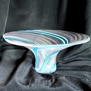 Murano Latticino Venini Italian Blown Glass Aqua Blue White Swirl Vintage Bowl